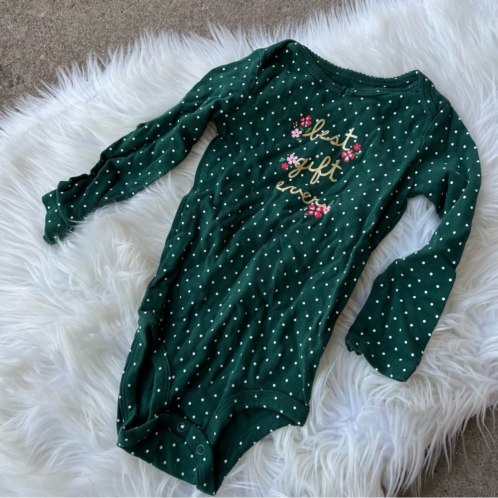 Carter’s Green and White Polka Dot Gold Floral Graphic Long Sleeve Bodysuit